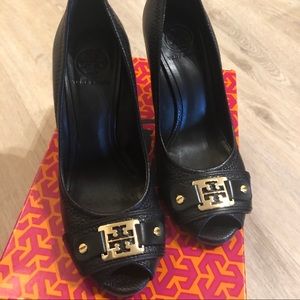 Tory Burch Black Carnell open toe cork wedges